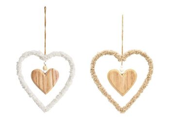 Coeur suspendu en bois, métal, textile marron, blanc 2 fois, (L/H/P) 23x23x1cm