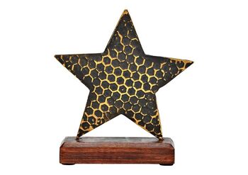 Étoile debout sur socle en bois de manguier en métal noir (L/H/P) 15x17x5cm