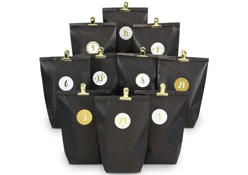 Adventskalender aus Packpapier, 24 Tüten mit goldenen Klammern, Schwarz, 72tlg. (B/H/T) 24x21x2cm