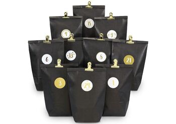 Calendrier de l'Avent en papier cadeau, 24 sachets avec clips dorés, noir, 72 pièces. (L/H/P) 24x21x2cm