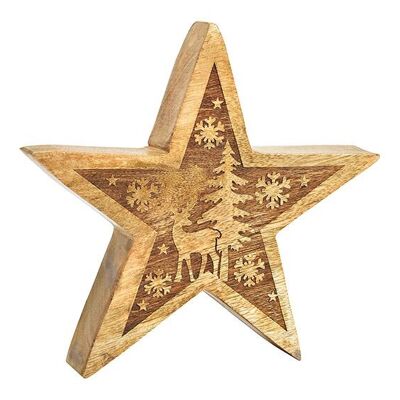 Estrella con decoración invernal de madera de mango natural (An/Al/Pr) 20x20x4cm