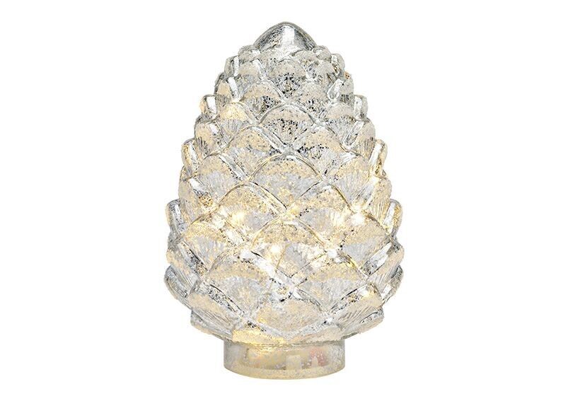 Pine cone with 15 LED made of glass silver (W/H/D) 15x22x15cm with timer