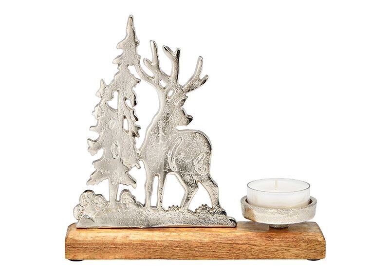 Candle holder deer decor on mango wood base made of metal silver (W/H/D) 23x21x7cm