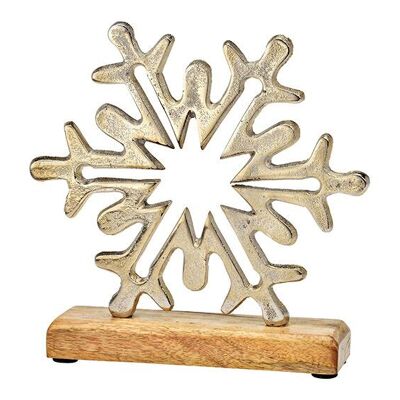 Support flocon de neige sur socle en bois de manguier en métal argenté (L/H/P) 21x20x5cm