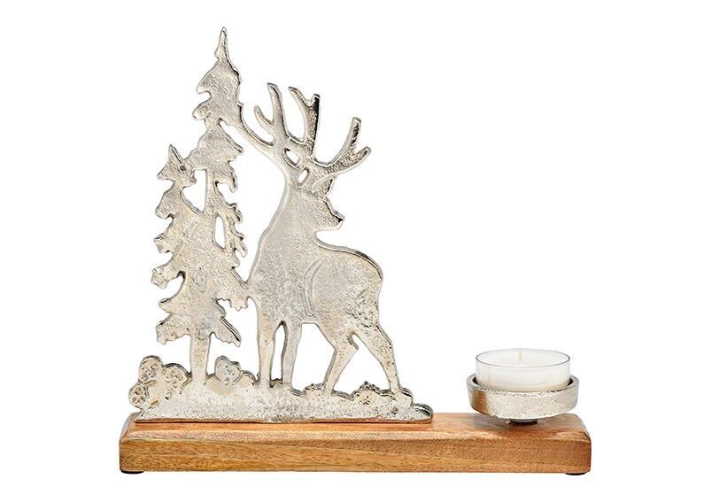 Candle holder deer decor on mango wood base made of metal silver (W/H/D) 28x26x5cm