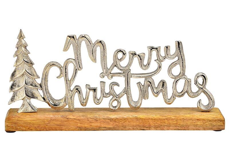 Stand lettering, Merry Christmas, on mango wood base made of metal silver (W/H/D) 30x15x5cm