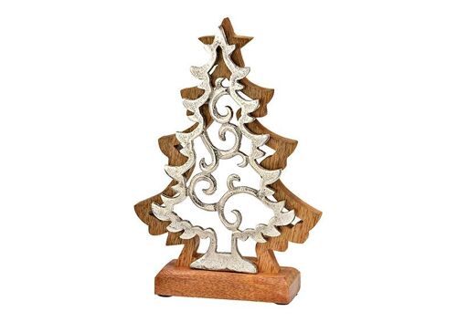 Aufsteller Tannenbaum aus Metall, Mangoholz silber (B/H/T) 17x25x5cm