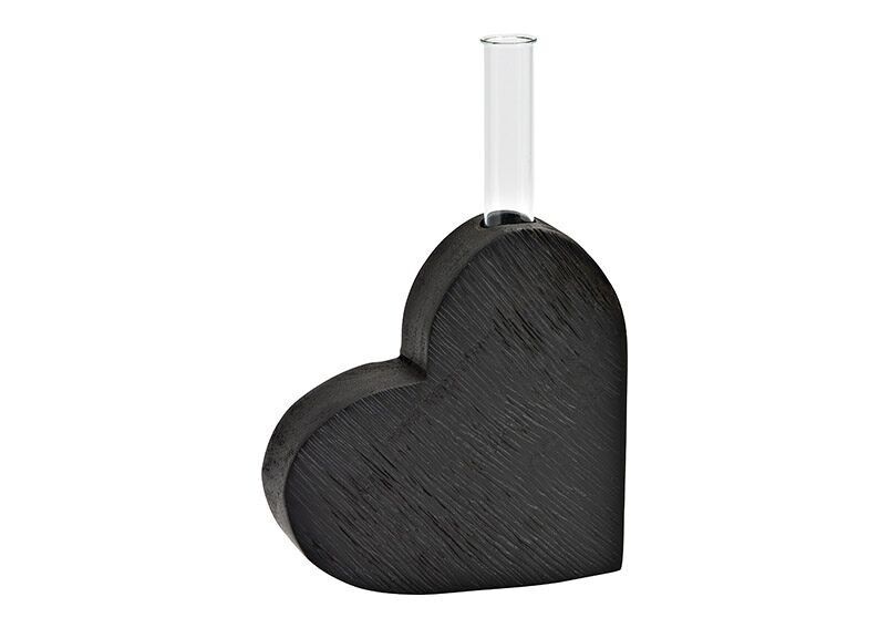 Heart with test tube vase made of mango wood black (W/H/D) 12x13x4cm