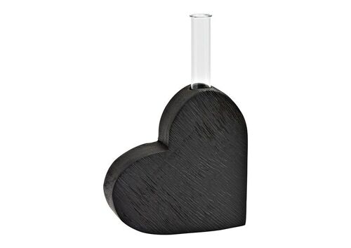 Herz mit Reagenzglas Vase aus Mangoholz schwarz (B/H/T) 12x13x4cm