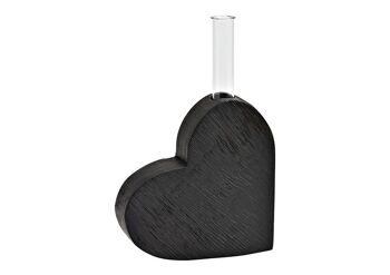 Vase coeur avec éprouvette en bois de manguier noir (L/H/P) 12x13x4cm