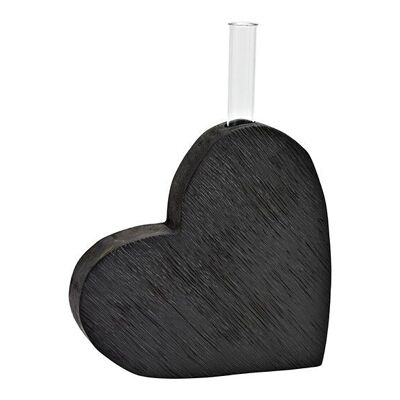 Vaso cuore con provetta in legno di mango nero (L/A/P) 17x15x4 cm