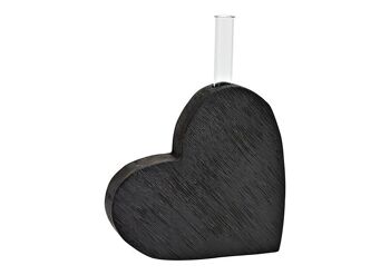 Vase coeur avec éprouvette en bois de manguier noir (L/H/P) 17x15x4cm