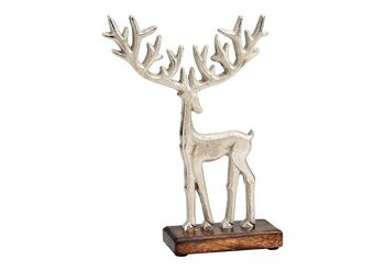 Support de cerf sur socle en bois de manguier en métal argenté (L/H/P) 16x22x4cm