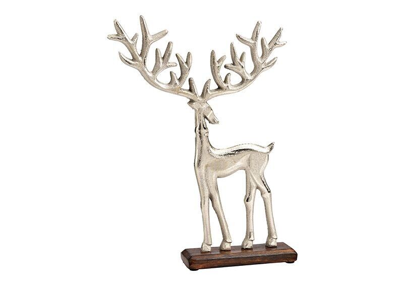 Deer stand on mango wood base made of metal silver (W/H/D) 25x33x5cm
