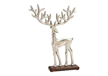 Support de cerf sur socle en bois de manguier en métal argenté (L/H/P) 25x33x5cm