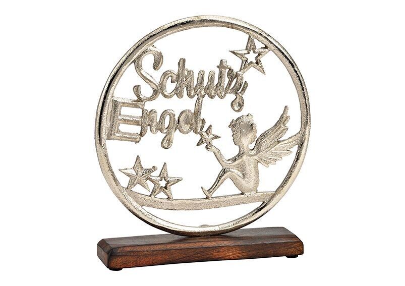 Stand guardian angel on mango wood base made of metal silver (W/H/D) 22x20x5cm