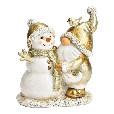 Wichtel mit Schneemann aus Poly gold (B/H/T) 10x12x6cm