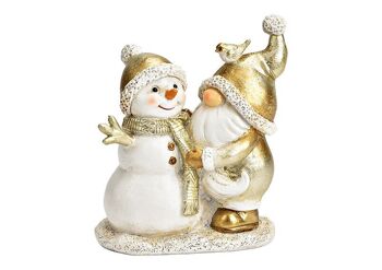 Gnome avec bonhomme de neige en poly or (L/H/P) 10x12x6cm