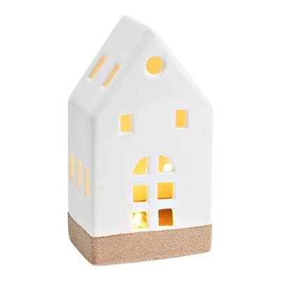 Casita con luz LED, funcionamiento con pilas 2xLR44 no incluidas, de porcelana blanca (An/Al/Pr) 8x15x6cm