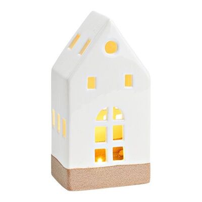 Casita con luz LED, funcionamiento con pilas 2xLR44 no incluidas, de porcelana blanca (An/Al/Pr) 10x18x6cm