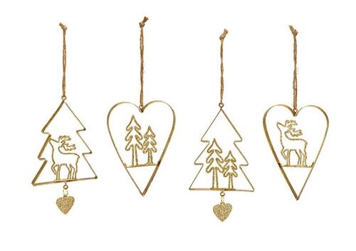Weihnachtshänger Herz Tannenbaum aus Metall, 4-fach, Gold (B/H/T) 9x12x0,7cm