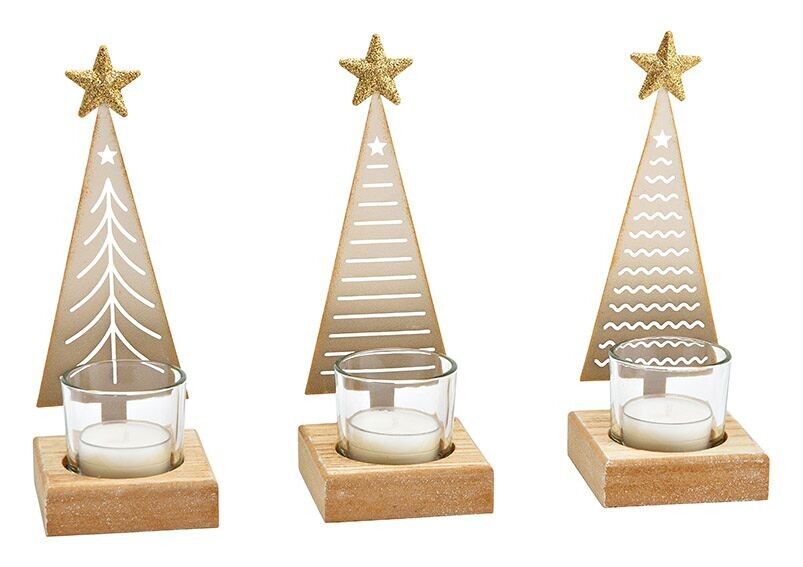 Lanterna albero di Natale in metallo, legno, bicchiere di champagne 3 volte, (L/A/P) 7x18x7 cm