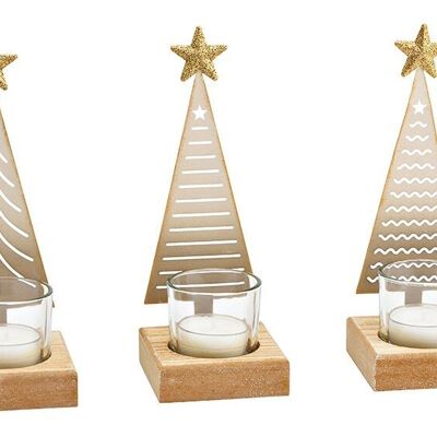 Lanterna albero di Natale in metallo, legno, bicchiere di champagne 3 volte, (L/A/P) 7x18x7 cm