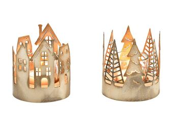 Maisons lanternes, décor d'arbre de Noël en métal, bois, verre à champagne 2 fois, (L/H/P) 8x9x8cm