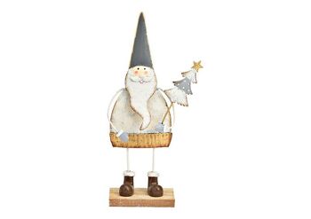 Père Noël sur socle en bois en métal gris, 2 volets, (L/H/P) 8x21x4cm