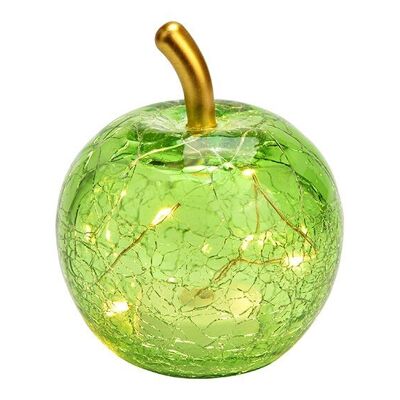 Apple con 5 LED in vetro verde chiaro (L/A/P) 7x9x7cm con timer, funzionamento a batteria CR2032 non inclusa