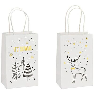 Sac cadeau, Il neige, cerf, en papier/carton blanc, 2 plis, (L/H/P) 13x21x8cm