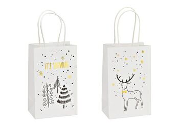 Sac cadeau, Il neige, cerf, en papier/carton blanc, 2 plis, (L/H/P) 13x21x8cm