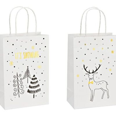 Sac cadeau, Il neige, cerf, en papier/carton blanc 2 plis, (L/H/P) 18x27x10cm