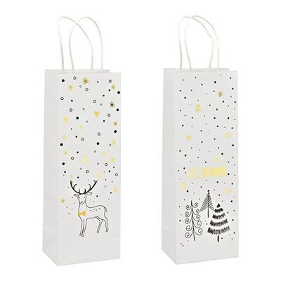 Sac pour bouteille, Il neige, cerf, en papier/carton blanc 2 plis, (L/H/P) 12x35x9cm