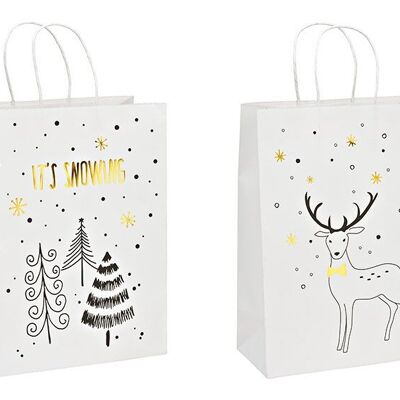 Bolsa de regalo, Está nevando, ciervo, de papel/cartón blanco, 2 pliegues, (An/Al/Pr) 25x33x12cm