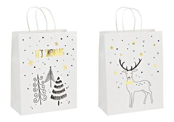 Sac cadeau, Il neige, cerf, en papier/carton blanc, 2 plis, (L/H/P) 25x33x12cm