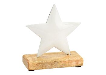 Pied étoile sur socle en bois de manguier en métal blanc (L/H/P) 11x10x5cm