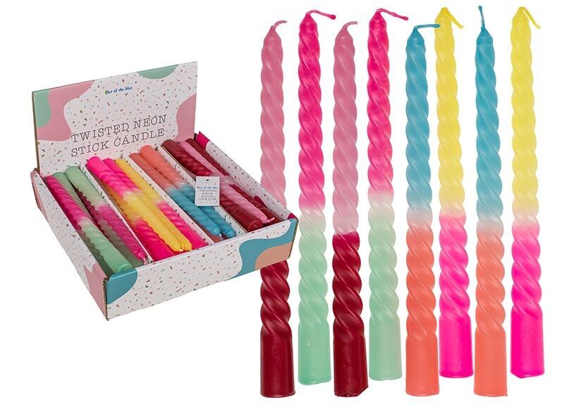 Candele affusolate attorcigliate, neon, in cera colorata, 8 volte, (L/A/P) 2x20x2 cm