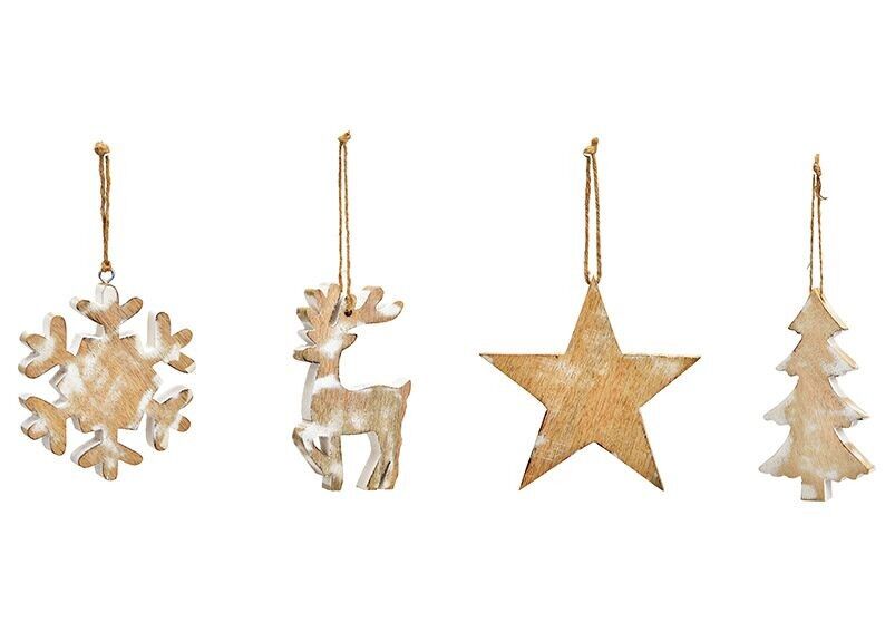 Appendiabiti natalizi stella albero cervo fiocco di neve in legno di mango, 4 pieghe, naturale/bianco (L/A/P) 12x12x1 cm