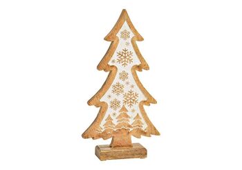 Support pour sapin de Noël, décor flocon de neige en bois de manguier naturel, blanc (L/H/P) 17x32x5cm
