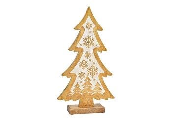 Support pour sapin de Noël, décor flocon de neige en bois de manguier naturel, blanc (L/H/P) 23x42x6cm