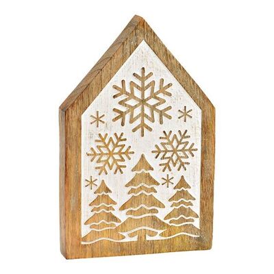 Aufsteller Haus, Schneeflocke Dekor aus Mangoholz natur, weiß (B/H/T) 13x20x2cm