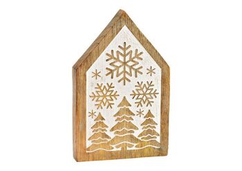 Support de maison, décor flocon de neige en bois de manguier naturel, blanc (L/H/P) 13x20x2cm