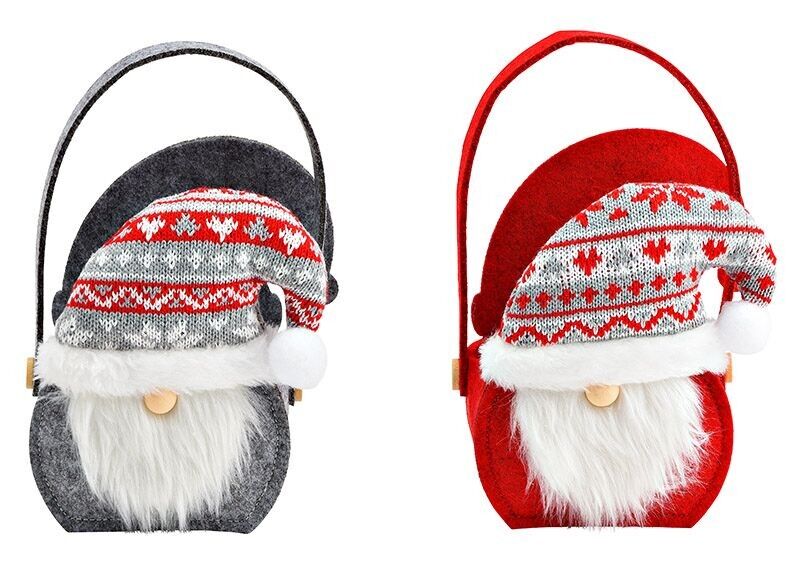 Bolsa de Papá Noel con asa de fieltro, textil rojo, gris 2 pliegues, (An/Al/Pr) 12x17x7cm