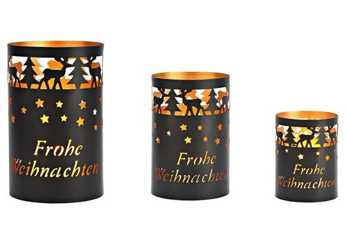 Windlicht, Frohe Weihnachten 3-er Set, aus Metall schwarz, gold (B/H/T) 8x10x8cm, 10x15x10cn, 13x20x13cm