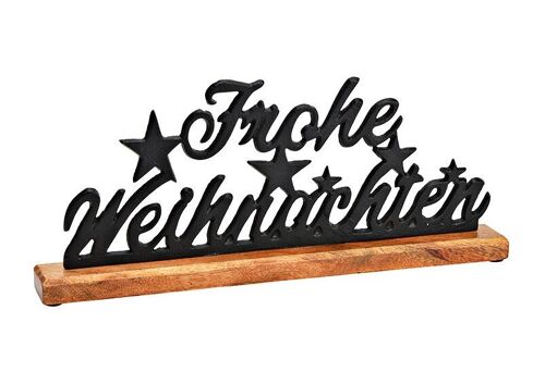 Aufsteller Schriftzug, Frohe Weihnachten auf Mangoholzsockel aus Metall schwarz (B/H/T) 44x18x5cm