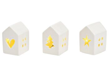 Maison avec éclairage LED en porcelaine blanche triple, (L/H/P) 6x8x6cm