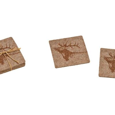 Juego de 4 posavasos con diseño de ciervo, de fieltro beige, marrón, 2 pliegues, (ancho/fondo) 10x10cm