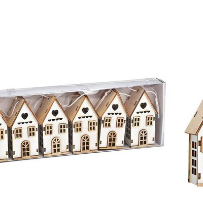Juego de 6 casas para colgar, de madera blanca (ancho/alto/fondo) 4x7x3cm
