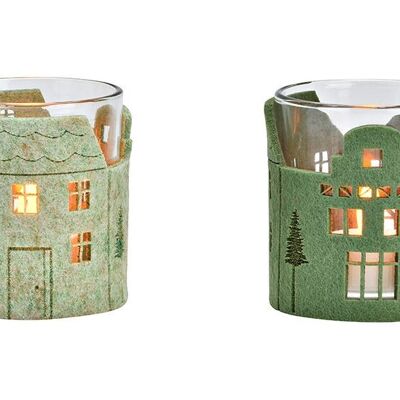 Farol decorativo para casa, de vidrio, fieltro verde doble, (An/Al/Pr) 7x8x7cm